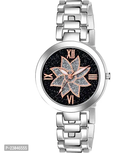 stylish watch Analog Watch - For Girls black flower  Dial  Stainless Steel Stylish Girls Watch Analog Watch-thumb0