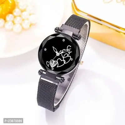 New Stylish Trendy Black love Hart Dial Female Clock with Black Magnet Mash Strap Beautiful Luxury fashion Clock Watch For Women