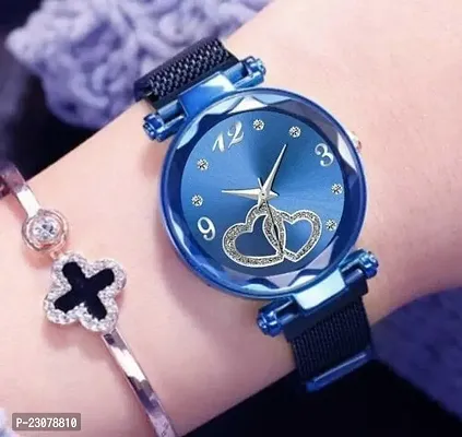 Magnetic Strap Luxury Heart Dial Blue Analog Watch - For Women  Girls