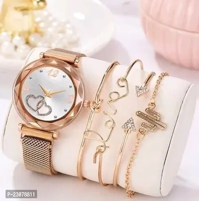 Magnetic Strap Luxury Heart Dial Gold Analog Watch - For Women  Girls-thumb0