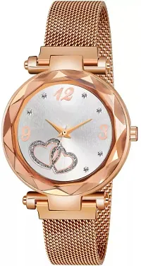Magnetic Strap Luxury Heart Dial Gold Analog Watch - For Women  Girls-thumb1