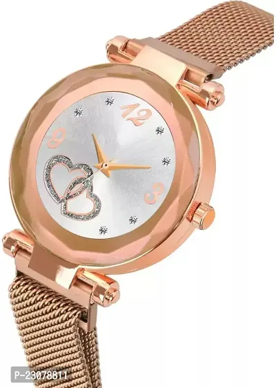 Magnetic Strap Luxury Heart Dial Gold Analog Watch - For Women  Girls-thumb3