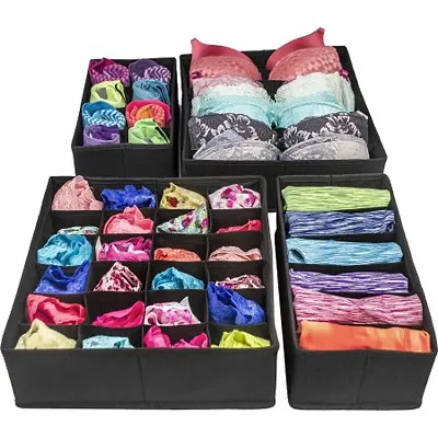 Set of 4 Foldable Storage Box Drawer Divider Organizer Closet Storage for Socks Bra Tie Scarfs - Black30x34x11(CM)