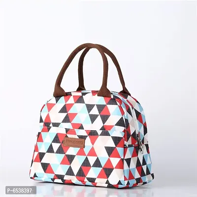 Stylish Insulated Reusable Printed Lunch Bag for School Picnic Office Outdoor Gym-Large A, White/Red Triangle-thumb0