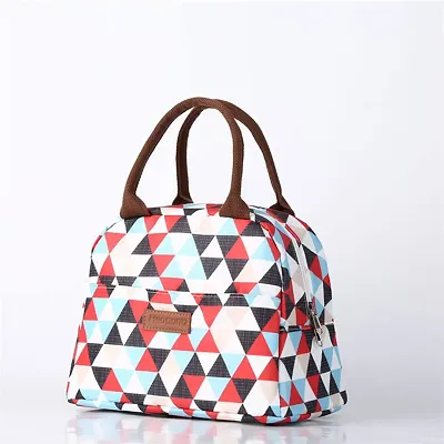Stylish Insulated Reusable Printed Lunch Bag for School Picnic Office Outdoor Gym-Large A, White/Red Triangle
