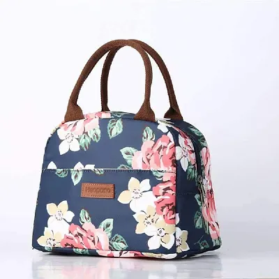 Stylish Insulated Reusable Printed Lunch Bag for School Picnic Office Outdoor Gym - Large A, Navy Rose Flower