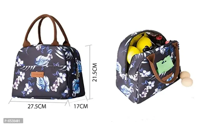 Stylish Insulated Reusable Printed Lunch Bag for School Picnic Office Outdoor Gym-Large A, Blue Fower Leaves-thumb2