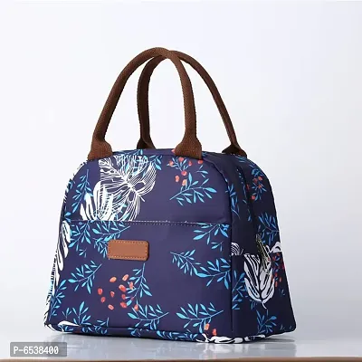 Stylish Insulated Reusable Printed Lunch Bag for School Picnic Office Outdoor Gym-Large A, Blue/Big White Leaves-thumb0