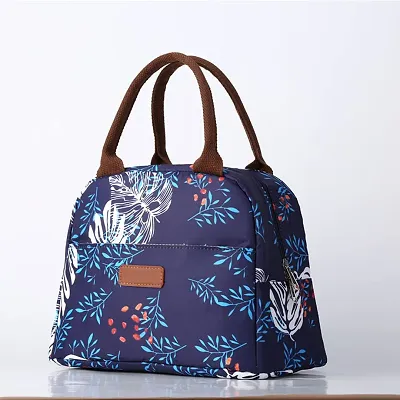 Stylish Insulated Reusable Printed Lunch Bag for School Picnic Office Outdoor Gym-Large A, Blue/Big White Leaves