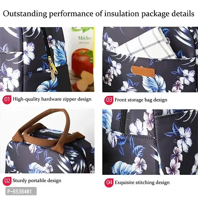 Stylish Insulated Reusable Printed Lunch Bag for School Picnic Office Outdoor Gym-Large A, Blue Fower Leaves-thumb4