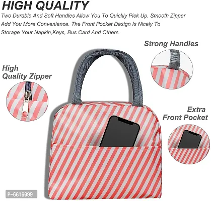 House of Quirk Insulated Lunch Bags Small for Women Work Student Kids to School Thermal Cooler Tote Bag Picnic Organizer Storage Lunch Box Portable and Reusable (Pink Stripes)-thumb3