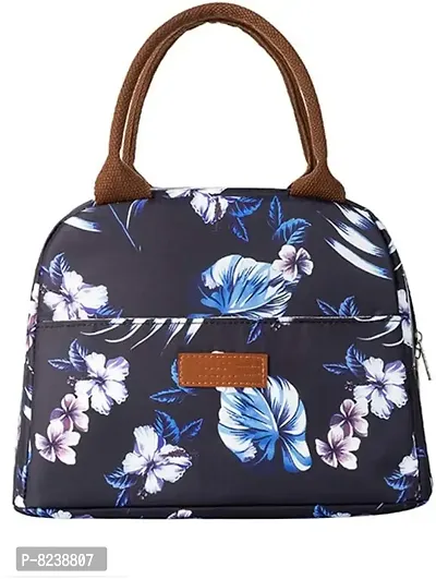 House of Quirk Insulated Reusable Lunch Bag Tote Bag for Women Printed Lunch Bag for School Picnic Office Outdoor Gym (Blue Flower Leaves)-thumb0