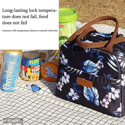 House of Quirk Insulated Reusable Lunch Bag Tote Bag for Women Printed Lunch Bag for School Picnic Office Outdoor Gym (Blue Flower Leaves)-thumb2