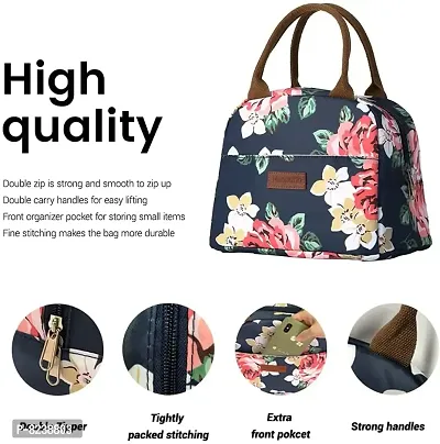 House of Quirk Insulated Reusable Nylon Lunch Bag Tote Bag for Women, Printed Lunch Bag for School, Picnic, Office, Outdoor, Gym (Navy Rose Flower)-thumb2