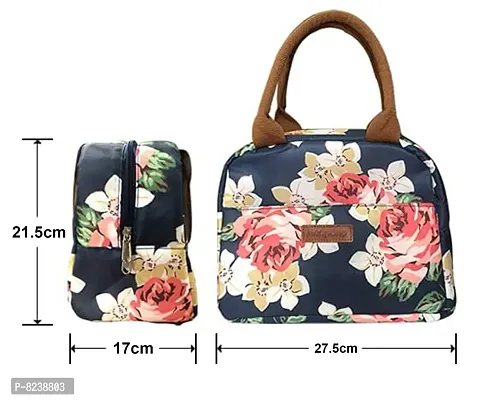 House of Quirk Insulated Reusable Nylon Lunch Bag Tote Bag for Women, Printed Lunch Bag for School, Picnic, Office, Outdoor, Gym (Navy Rose Flower)-thumb3