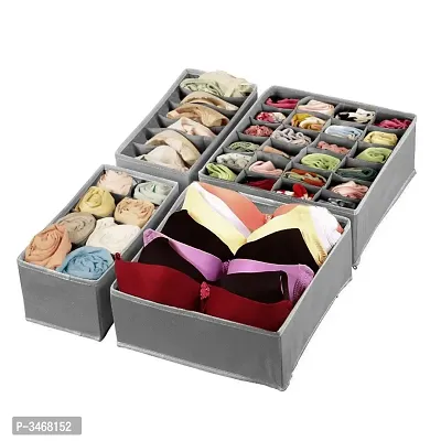 House of Quirk Set of 4 Foldable Storage Box Drawer Divider Organizer Closet Storage for Socks Bra Tie Scarfs (Linen Light Grey)