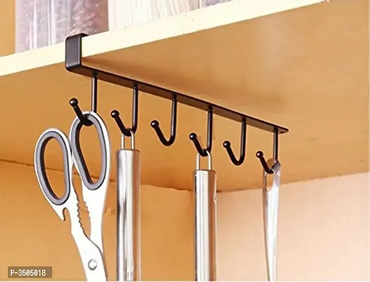 Stainless Steel 6 Hooks Under Shelf Cup Holder Mutifunctional Kitchen Utensil Rack for Hanging (Black)-thumb4