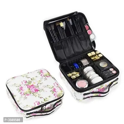 Makeup Cosmetic Storage Case With Adjustable Compartment Portable Travel Bag - White Flower Printed-thumb0