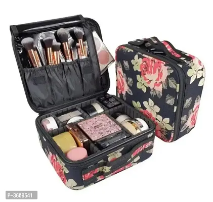 Makeup Cosmetic Storage Case With Adjustable Compartment Portable Travel Bag - Black Flower-thumb0