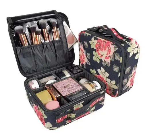 Makeup Cosmetic Storage Case With Adjustable Compartment Portable Travel Bag - Flower