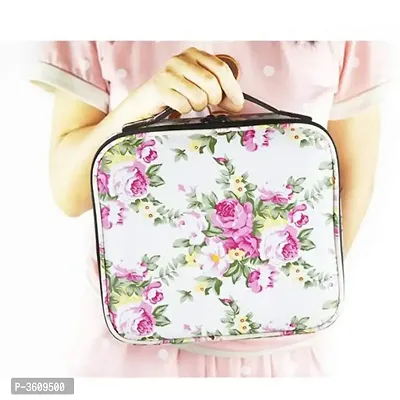 Makeup Cosmetic Storage Case With Adjustable Compartment Portable Travel Bag - White Flower Printed-thumb2