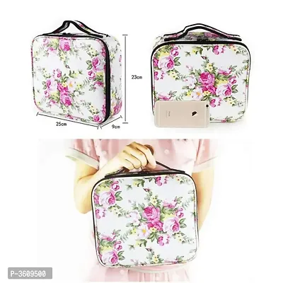 Makeup Cosmetic Storage Case With Adjustable Compartment Portable Travel Bag - White Flower Printed-thumb3