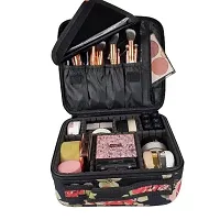 Makeup Cosmetic Storage Case With Adjustable Compartment Portable Travel Bag - Black Flower-thumb1