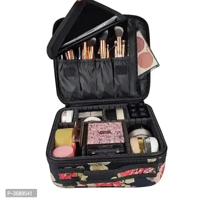 Makeup Cosmetic Storage Case With Adjustable Compartment Portable Travel Bag - Black Flower-thumb2