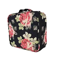 Makeup Cosmetic Storage Case With Adjustable Compartment Portable Travel Bag - Black Flower-thumb2