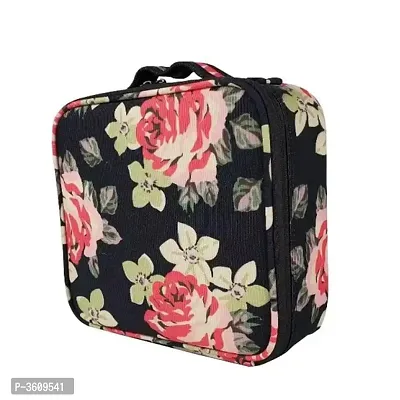 Makeup Cosmetic Storage Case With Adjustable Compartment Portable Travel Bag - Black Flower-thumb3