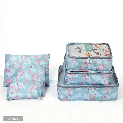 Travel Storage Bags Set, Printed Clothes Packing Cubes Space Savers, Cosmetics/Underwear/Socks/Shoes Organizer Pouch Dividers for Luggage, Pack of 6 (Grey Flamingo)