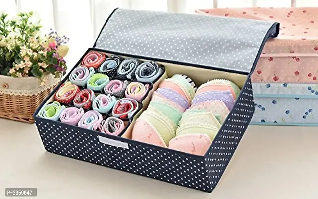 Innerwear Organizer 15+1 Compartment Non-Smell Non Woven Foldable Fabric Storage Box for Closet - Dark Blue Polka