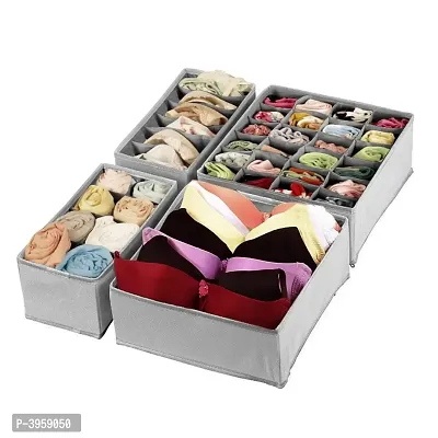 Set of 4 Foldable Storage Box Drawer Divider Organizer Closet Storage for Socks Bra Tie Scarfs (Linen Light Grey)-thumb0