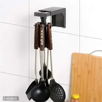 Kitchen Utensil Rack, Kitchen Hooks, Space-Saving Rotating Storage Manager with 6 Hooks for Easy Fixing On Smooth Walls, Gourd Knives, Spoons, Pots and Pans Kitchen Tools - Black-thumb5