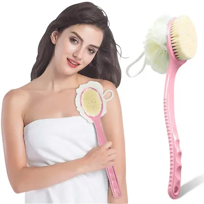 Shower Body Brush with Bristles and Loofah, Back Scrubber Bath Mesh Sponge with Curved Long Handle for Skin Exfoliating Bath, Massage Bristles Suitable for Wet or Dry, Men and Women -  Pink
