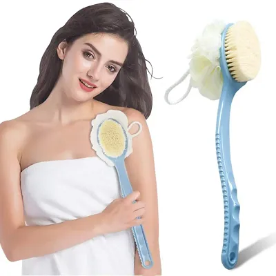 Shower Body Brush with Bristles and Loofah, Back Scrubber Bath Mesh Sponge with Curved Long Handle for Skin Exfoliating Bath, Massage Bristles Suitable for Wet or Dry, Men and Women -  Blue