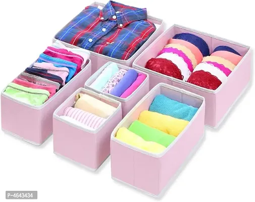 Foldable Cloth Storage BoxCloset Dresser Drawer Organizer Cube Basket Bins Containers Divider with Drawers for Underwear, Bras, Socks, Ties, Scarves, Set of 6 - Pink