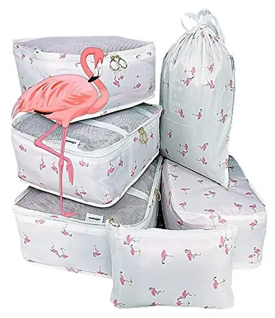 7 Set Travel Organizer Bag 3 Packing Cubes + 3 Pouches + 1 Toiletry Organizer bag - White Flamingo