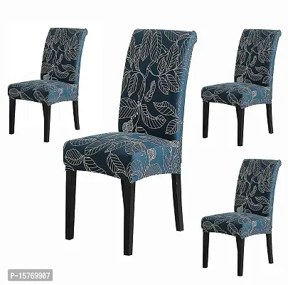 Floral Printed Polyester Spandex Chair Cover Stretch(Blue Ash, Pack of 4)