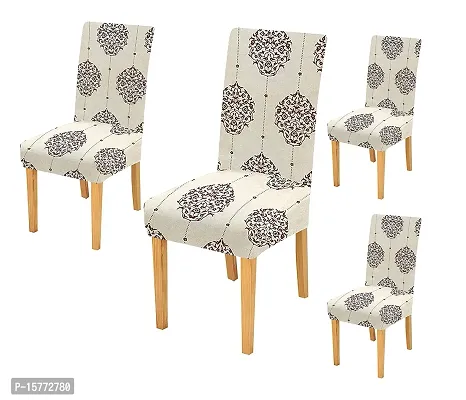 Designer Printed Polyester Spandex Chair Cover (Cream Brocade Pack of 4)