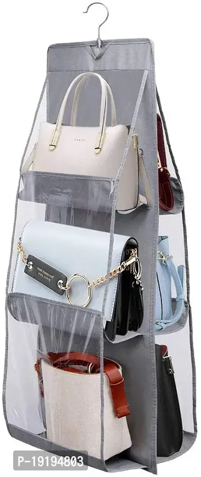 Hanging Handbag Organizer Storage Holder Bag with 6 Pockets (Grey) (Non Woven Fabric,Matte)-thumb0