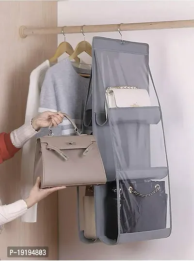 Hanging Handbag Organizer Storage Holder Bag with 6 Pockets (Grey) (Non Woven Fabric,Matte)-thumb4