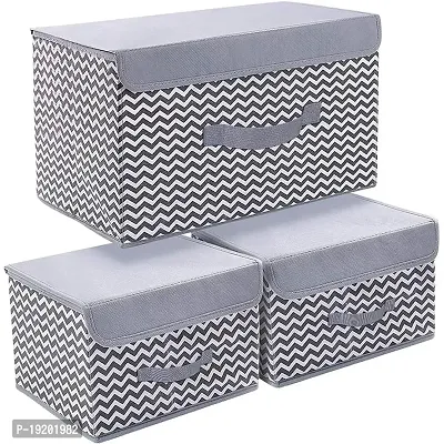3 Pack Foldable Storage Bin with Lid and Handle, Versatile Storage-Grey Wave, Square