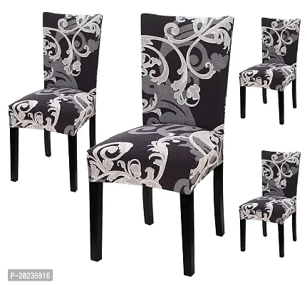 Printed Elastic Chair Cover Stretch Removable Washable (Pack of 4, Grey Flower Pattern),