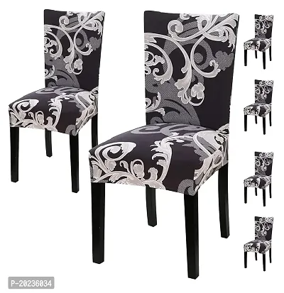 Printed Elastic Chair Cover Stretch Removable Washable (Pack of 6, Grey Flower Pattern),