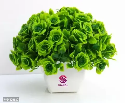 Classic Artificial Green Rose Plant With White Heavy Plastic Shape Designed Pot(Length : 16 Cm, Colour :Green, Set Of 1 )
