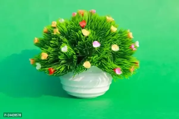 Classic Artificial Multicolor Mini Roses With Green Soft Grass Attached Into A White Heavy Plastic Pot(14 Cm, Multicolor, Multicolor)