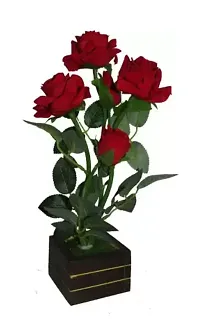 Classic Artificial Flower Wood Pot For Office Home Decoration Red Rose Artificial Flower Red Rose Artificial Flower With Pot  (12 Inch, Pack Of 1, Flower With Basket)-thumb1