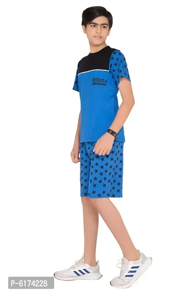 Stylish Cotton Blue Round Neck Half Sleeves T-shirt With Capri For Boys-thumb5