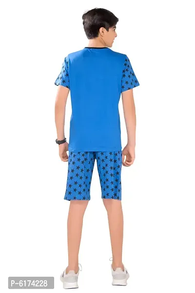 Stylish Cotton Blue Round Neck Half Sleeves T-shirt With Capri For Boys-thumb2